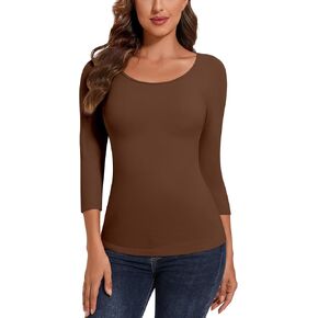 WOWENY Women's 3/4 Sleeve Thermal Shirts Fleece Lined Tops Winter Warm Base Layer Cold Weather Underwear in Kuwait