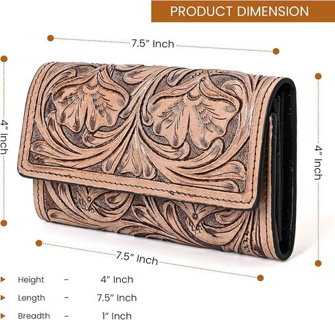 Hantooled Leather Wallet RFID Blocking, Trifold Ladies Purse, Flower Handtooled and Carved long Clutch, 1 Back Zip pocket, Wallet For Women (Light brown) in Saudi Arabia