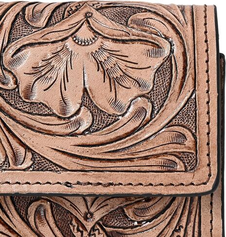 Hantooled Leather Wallet RFID Blocking, Trifold Ladies Purse, Flower Handtooled and Carved long Clutch, 1 Back Zip pocket, Wallet For Women (Light brown) in Saudi Arabia