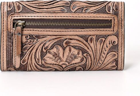 Hantooled Leather Wallet RFID Blocking, Trifold Ladies Purse, Flower Handtooled and Carved long Clutch, 1 Back Zip pocket, Wallet For Women (Light brown) in Saudi Arabia