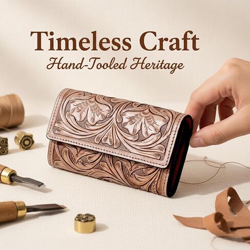 Hantooled Leather Wallet RFID Blocking, Trifold Ladies Purse, Flower Handtooled and Carved long Clutch, 1 Back Zip pocket, Wallet For Women (Light brown) in Saudi Arabia