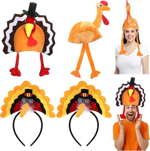 Geyoga 4 Pack Thanksgiving Turkey Headbands Plush Thanksgiving Hats Roasted Turkey Cap Drumstick Headband with Legs Drumstick Boppers for Adults Woman Man in Saudi Arabia