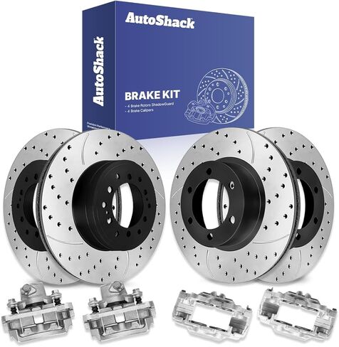 AutoShack Front & Rear Drilled & Slotted Brake Rotors Calipers Replacement for 2010-2014 Toyota FJ Cruiser 4.0L V6 4WD RWD Black Matte Finish 8-PC Brake Kit BlackShield in Saudi Arabia