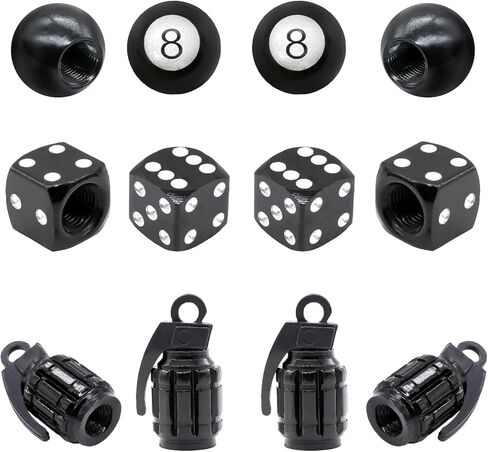 12PCS Tire Valve Stem Caps, Dice 8 Ball Grenade Style Universal Aluminum Dustproof Tire Valve Stem Covers for Cars, Suvs, Trucks, Bikes, Motorcycles, Bicycles, Black in Saudi Arabia