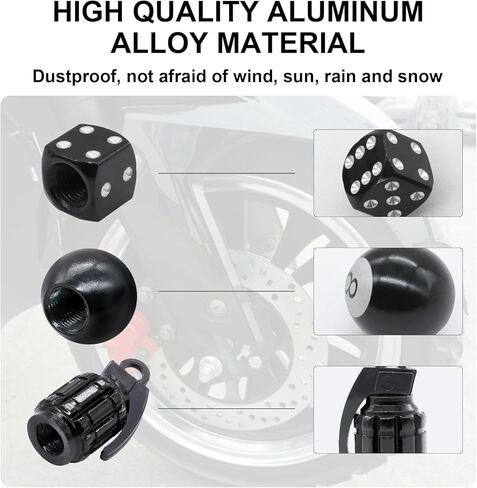 12PCS Tire Valve Stem Caps, Dice 8 Ball Grenade Style Universal Aluminum Dustproof Tire Valve Stem Covers for Cars, Suvs, Trucks, Bikes, Motorcycles, Bicycles, Black in Saudi Arabia