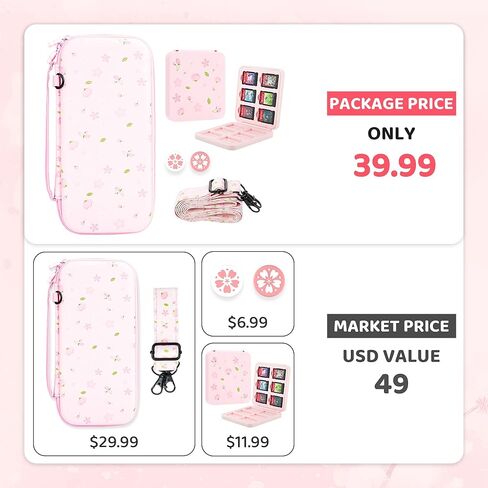 GLDRAM Theme for Zelda Travel Carrying Case for Nintendo Switch & OLED Model, Light Accessories Kit with Waterproof Switch Travel Case, 12 Slots Game Card Case, 2 Thumb Caps and Portable Wrist Strap in Kuwait