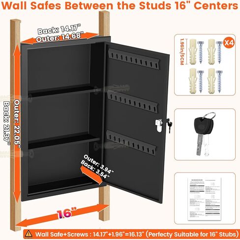 22.05" Tall Wall Safes Between the Studs with Removable Shelf, Lockable Home Safe Box with 10 Hooks for Keys Jewellery, in Wall Safe for Money Medicines Valuables in Kuwait
