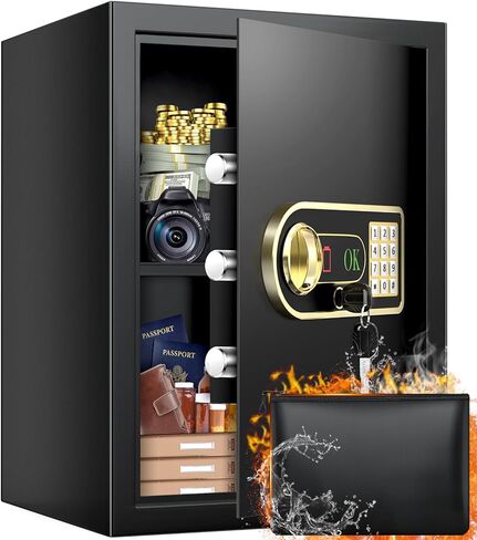 خزائن منزلية كبيرة بحجم 5.0 أقدام مكعبة مع حقيبة مقاومة للماء ومقاومة للحريق، وصندوق أمان رقمي مضاد للسرقة مزود بلوحة مفاتيح رقمية و3 أرفف قابلة للإزالة وإضاءة LED، وخزائن شخصية لحفظ المستندات القيمة in Kuwait