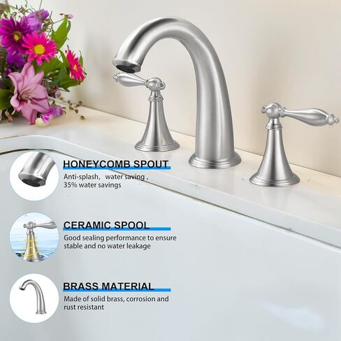 صنبور حمام SaniteModar، صنبور حمام ذهبي، صنبور حوض حمام من النحاس المصقول واسع الانتشار 3 فتحات، مقبضان صنبور 8 بوصة، كروم ذهبي مصقول... in Kuwait