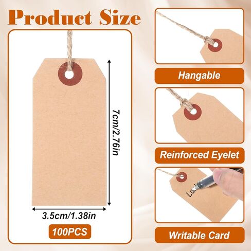 100 Pcs Blank Gift Tags with String, 2.75'' x1.37'' Khaki Paper Gift Tags with String Attached Blank Personalized Name Tag for Presents Birthday Wedding Christmas Decoration in Saudi Arabia