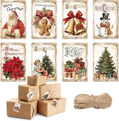 Whaline 120Pcs Christmas Paper Tags Xmas Tree Santa Snowman Hanging Labels Vintage Name Tags with Hemp Rope for Winter Party DIY Crafts Supplies, 8 Designs in Saudi Arabia