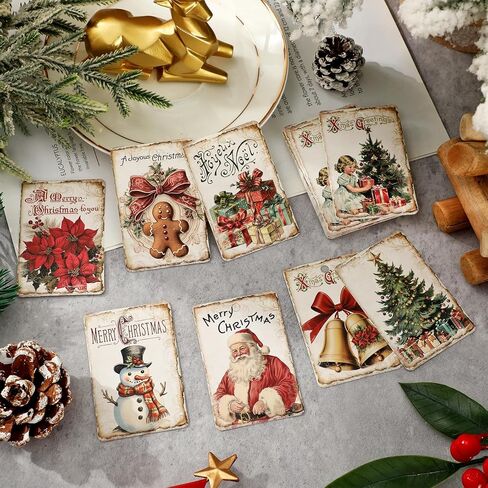 Whaline 120Pcs Christmas Paper Tags Xmas Tree Santa Snowman Hanging Labels Vintage Name Tags with Hemp Rope for Winter Party DIY Crafts Supplies, 8 Designs in Saudi Arabia