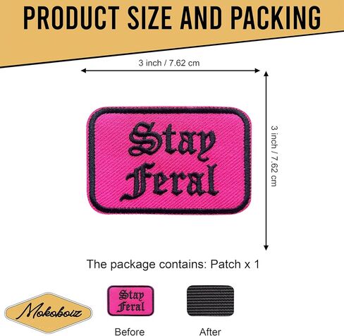 Pink Stay Feral 3 Inches Hook and Loop Embroidered Applique Patches, Aesthetic Fantasy Embroidery Patch, DIY Accessories for Backpacks Army Vests Dog Harness Clothes, Gifts for Book Lover in Saudi Arabia