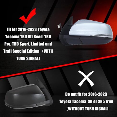 أغطية غطاء مرآة بديلة باللون الأسود اللامع لسيارة Toyota Tacoma TRD Off Road, TRD Pro, TRD Sport, Limited and Trail Special Edition (مع إشارة الانعطاف) 2016-2023، وليس لزخرفة SR أو SR5 in Saudi Arabia
