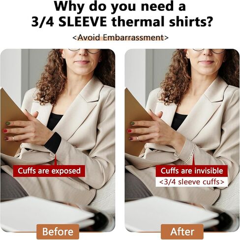 WOWENY Women's 3/4 Sleeve Thermal Shirts Fleece Lined Tops Winter Warm Base Layer Cold Weather Underwear in Kuwait