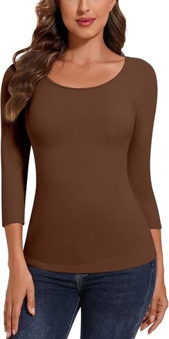 WOWENY Women's 3/4 Sleeve Thermal Shirts Fleece Lined Tops Winter Warm Base Layer Cold Weather Underwear in Kuwait