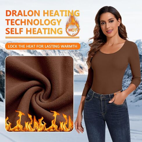 WOWENY Women's 3/4 Sleeve Thermal Shirts Fleece Lined Tops Winter Warm Base Layer Cold Weather Underwear in Kuwait