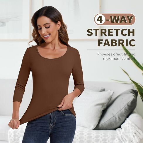 WOWENY Women's 3/4 Sleeve Thermal Shirts Fleece Lined Tops Winter Warm Base Layer Cold Weather Underwear in Kuwait