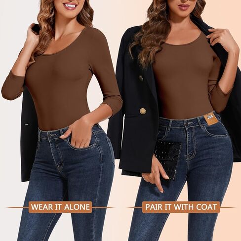 WOWENY Women's 3/4 Sleeve Thermal Shirts Fleece Lined Tops Winter Warm Base Layer Cold Weather Underwear in Kuwait