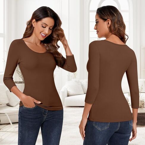 WOWENY Women's 3/4 Sleeve Thermal Shirts Fleece Lined Tops Winter Warm Base Layer Cold Weather Underwear in Kuwait