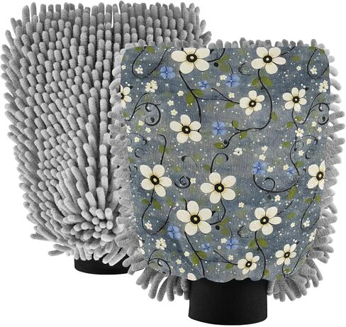AIXIWAWA Car Wash Mitt Washing Glove Cartoon Floral Pattern Print Scratch Free Water Absorbent 2 Pack Medium in Saudi Arabia