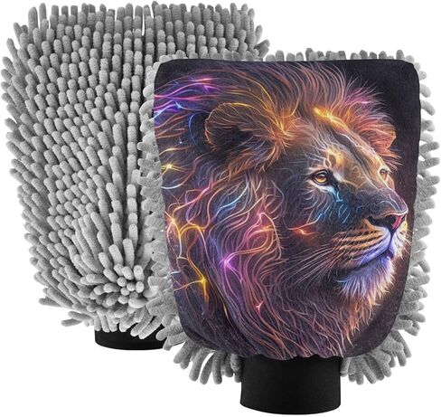 AIXIWAWA Car Wash Mitt Washing Glove Scratch Free Water Absorbent 2 Pack Medium Neon Lion Glowing Print in Saudi Arabia