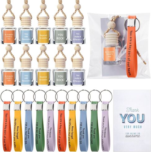 Thyle 20 Sets Hanging Car Air Freshener Diffuser Bottles Employee Appreciation Gifts Bulk with Inspirational Keychain and Thank You Card Empty Car Essential Perfume Pendant Bottle for Staff Coworker in Kuwait