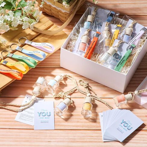 Thyle 20 Sets Hanging Car Air Freshener Diffuser Bottles Employee Appreciation Gifts Bulk with Inspirational Keychain and Thank You Card Empty Car Essential Perfume Pendant Bottle for Staff Coworker in Kuwait