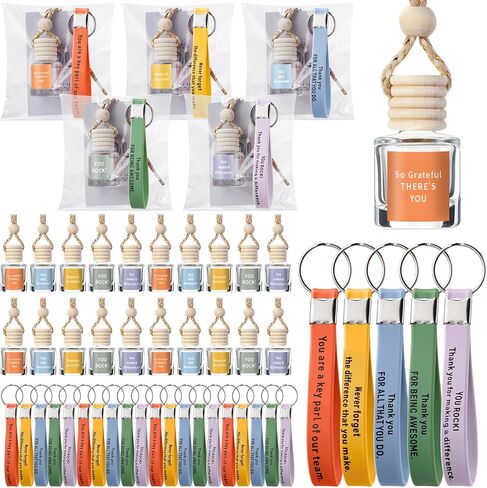 Thyle 20 Sets Hanging Car Air Freshener Diffuser Bottles Employee Appreciation Gifts Bulk with Inspirational Keychain and Thank You Card Empty Car Essential Perfume Pendant Bottle for Staff Coworker in Kuwait