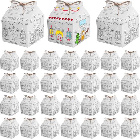 SENONAPO 30 Pcs Christmas Gingerbread Houses Kit House Shaped Boxes Cardboard Christmas Crafts DIY Build Gingerbread House Supplies Holiday Fun Party Game Decorating(White) in Saudi Arabia