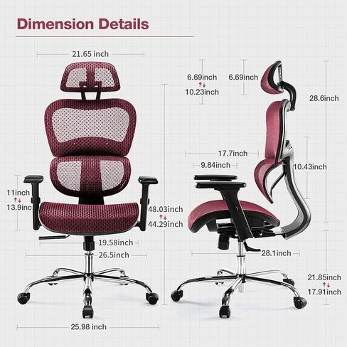AFO Ergonomic Office Chair, High Back Mesh Office Chair with 3D Armrests and Headrest, Adjustable Rolling Chair with Lumbar Support and Tilt Function, Red, (WY-1388-RD) in Kuwait
