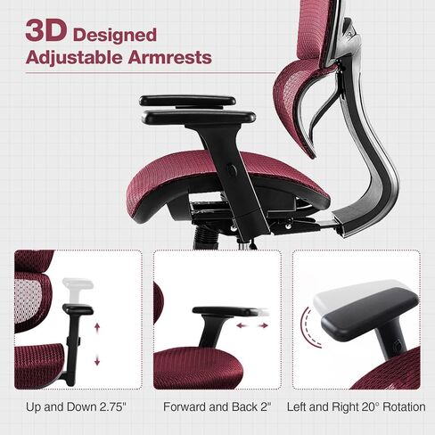 AFO Ergonomic Office Chair, High Back Mesh Office Chair with 3D Armrests and Headrest, Adjustable Rolling Chair with Lumbar Support and Tilt Function, Red, (WY-1388-RD) in Kuwait