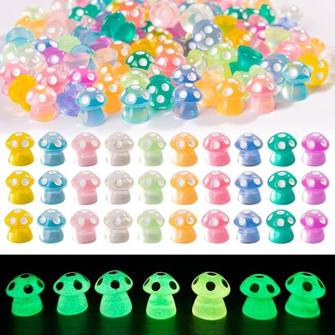100 Pcs Glow in The Dark Mini Mushroom Figurines,10 Colors Resin Mini Figures for Fairy Garden Decor,Terrarium Accessories, Dollhouse Miniature Bulk Set in Saudi Arabia