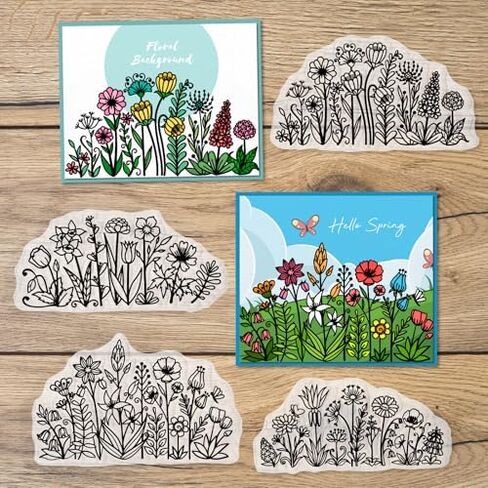 4 PCS Flowers Background Clear Stamps for Card Making, Daisy Flowers Rubber Stamps Florial Scenery Transparent Stamp Seal for Crafting DIY Scrapbooking Photo Album Decorations in Saudi Arabia
