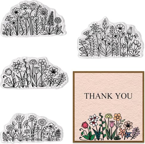 4 PCS Flowers Background Clear Stamps for Card Making, Daisy Flowers Rubber Stamps Florial Scenery Transparent Stamp Seal for Crafting DIY Scrapbooking Photo Album Decorations in Saudi Arabia