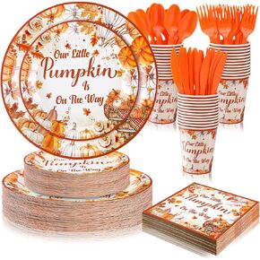 Skybooly 350 Pcs Little Cutie Party Decorations Supplies Orange Party Tableware Set Baby Shower Party Dessert Plates Napkins Forks for 50 Guests a Little Cutie Is on the Way Baby Shower Party