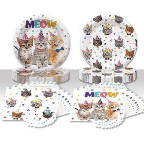 Cat Birthday Party Supplies,20 Kitten Paper Plates and 20 Napkins, Decorations Ideal for Tableware Supplies