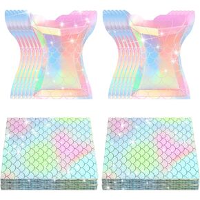 Cunhill 96 Pcs Mermaid Plates and Napkins Party Supplies, 7 Inch 9 Inch Seashell Plates Mermaid Party Plates and Mermaid Napkins for Mermaid Ocean Birthday Party Decoration Favors(Elegant Style)