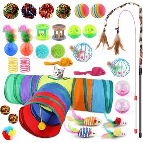 Oziral Cat Toys Set 32 PCS Kitten Toys Assortments Including 2 Way Rainbow Tunnel Cat Feather Teaser Wand Sisal Mice Bell Balls Crinkle Balls Interactive Cat Toys for Indoor Cats Kitten