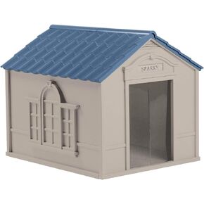 Suncast Deluxe Dog House for Dogs up to 100 Pounds with Removable Roof, Vents, Crowned Channeled Floor, and Personalization Labels, Taupe/Blue