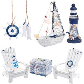 7 Pieces Wooden Box Wooden Lighthouse Mini Sailboat Anchor Wooden Fish Hanging Starfish Model Christmas Tree Ornament Decoration Aquarium Decor Landscape Tank Ornament Office Mini Garden Landscape