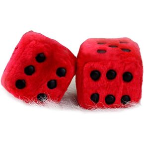 Giveme5 3 inch Pair of Retro Square Mirror Hanging Couple Fuzzy Plush Dice with Dots for Car Interior Ornament Decoration (Red)