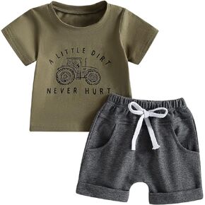 GuliriFei Toddler Baby Boy Farm Clothes Tractor Short Sleeve T-Shirt Casual Shorts Set Summer Outfit
