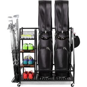 Sttoraboks Golf Bags Storage Garage Organizer, Golf Bag Rack Fits 2/3 Golf Bags and Golf Equipment Accessories, Golf Club Storage Stand with Wooden Shelf and Lockable Wheels for Garage Indoor Basement