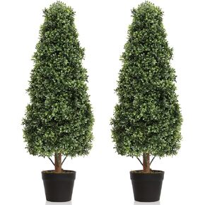 Damomo 3ft Topiary Trees Artificial Topiaries Boxwood Trees Outdoor Faux Shrub 2 Packs with Black Pot, Fake Bushes Potted Green Plants Decorative Indoor Porch or Garden（35inch）