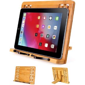MEGREZ Bamboo Book Stand for Reading, Adjustable Cookbook Holder Stand with Page Clips, Recipe Book Holder Stand for Kitchen, Smooth Surface (15.4 x 11.0 inch)