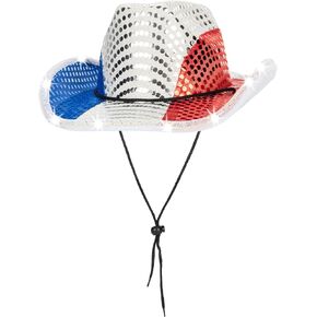 Independence Day Western Cowboy Hat - 4th of July - Light-Up Patriotic Sequin Cowgirl Hat with American Flag