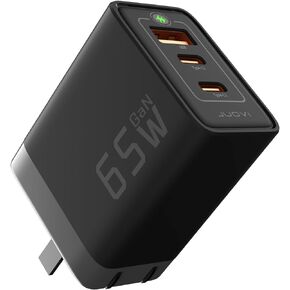JUOVI 65W Charger, J1611 GaN Charger, 3 Ports Fast Charging Brick, Foldable Wall Charger, Compatible with HP Spectre, MacBook Pro/Air, Dell XPS 13, iPad Pro, iPhone 15/Pro, Galaxy S23, Apple Watch