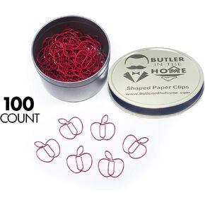 Butler in the Home Fruit Apple Shaped Paper Clips Great for Paper Clip Collectors or a Teacher Gift - Comes in Round Tin with Lid and Gift Box (Red 100 Count)