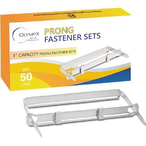 1 Inch Capacity Premium Prong Paper Fastener Complete Set, 2.75 Inch Base with Standard 2-Hole Punch for Home, Work, and School, by Olympx (50 per Box)